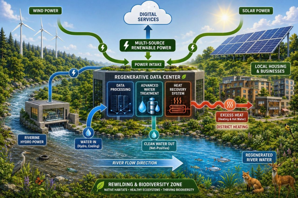 Diagram of a regenerative data center: wind, solar and riverine hydro power feed the facility, water is treated and returned clean to the river, and recovered heat supplies district heating for local housing and businesses
