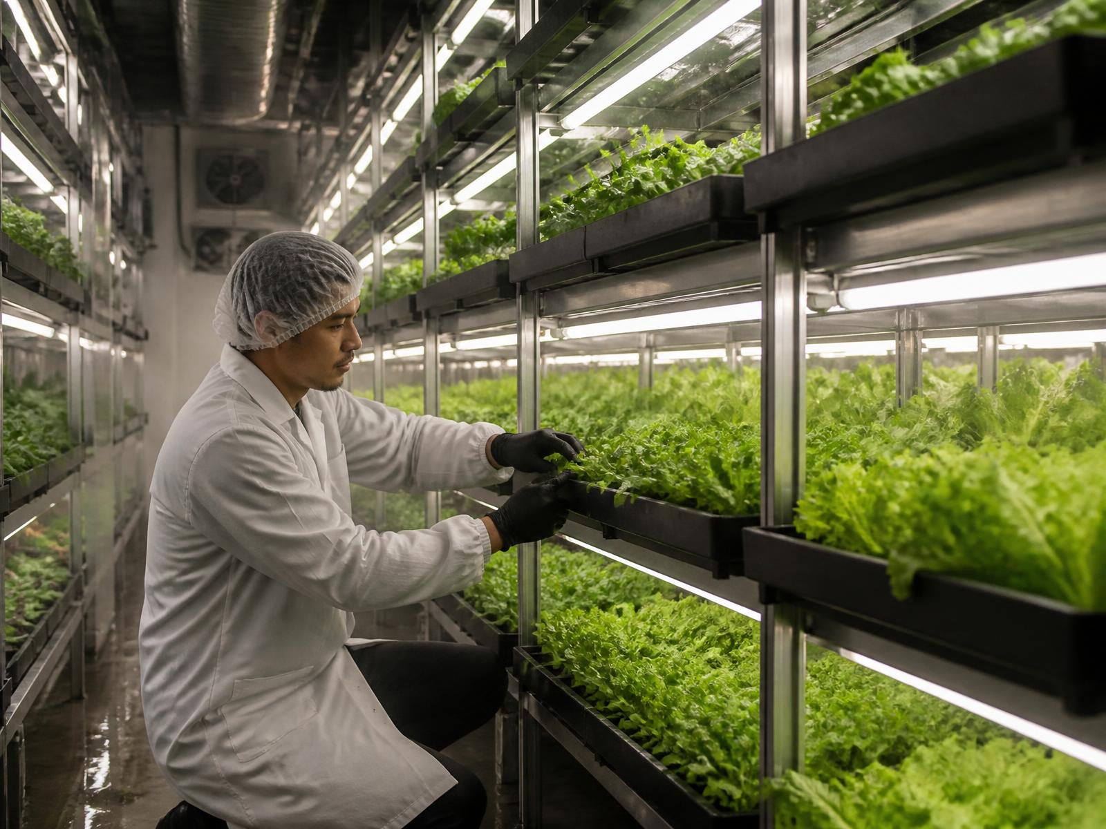 Rows of leafy greens growing under lights in a hydroponic facility with a worker inspecting the crop