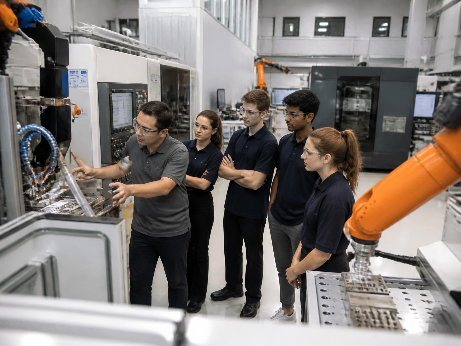 Apprentices observing an operator on an advanced manufacturing floor with robotic arms and CNC machines