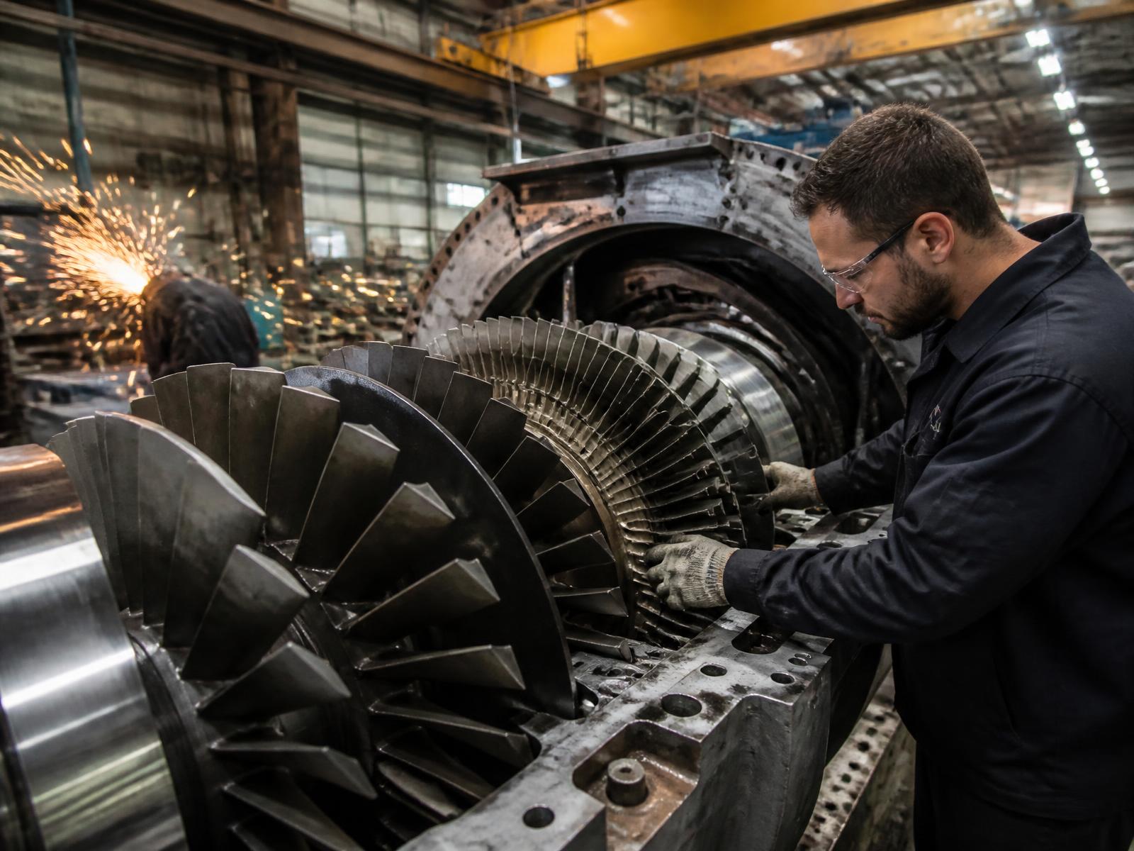 Technician restoring a large turbine rotor inside a refurbishment shop