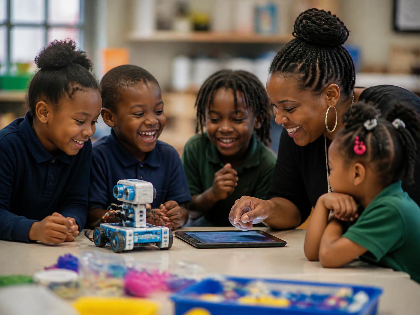Elementary school children building and programming a robot with their teacher in a STEAM lab