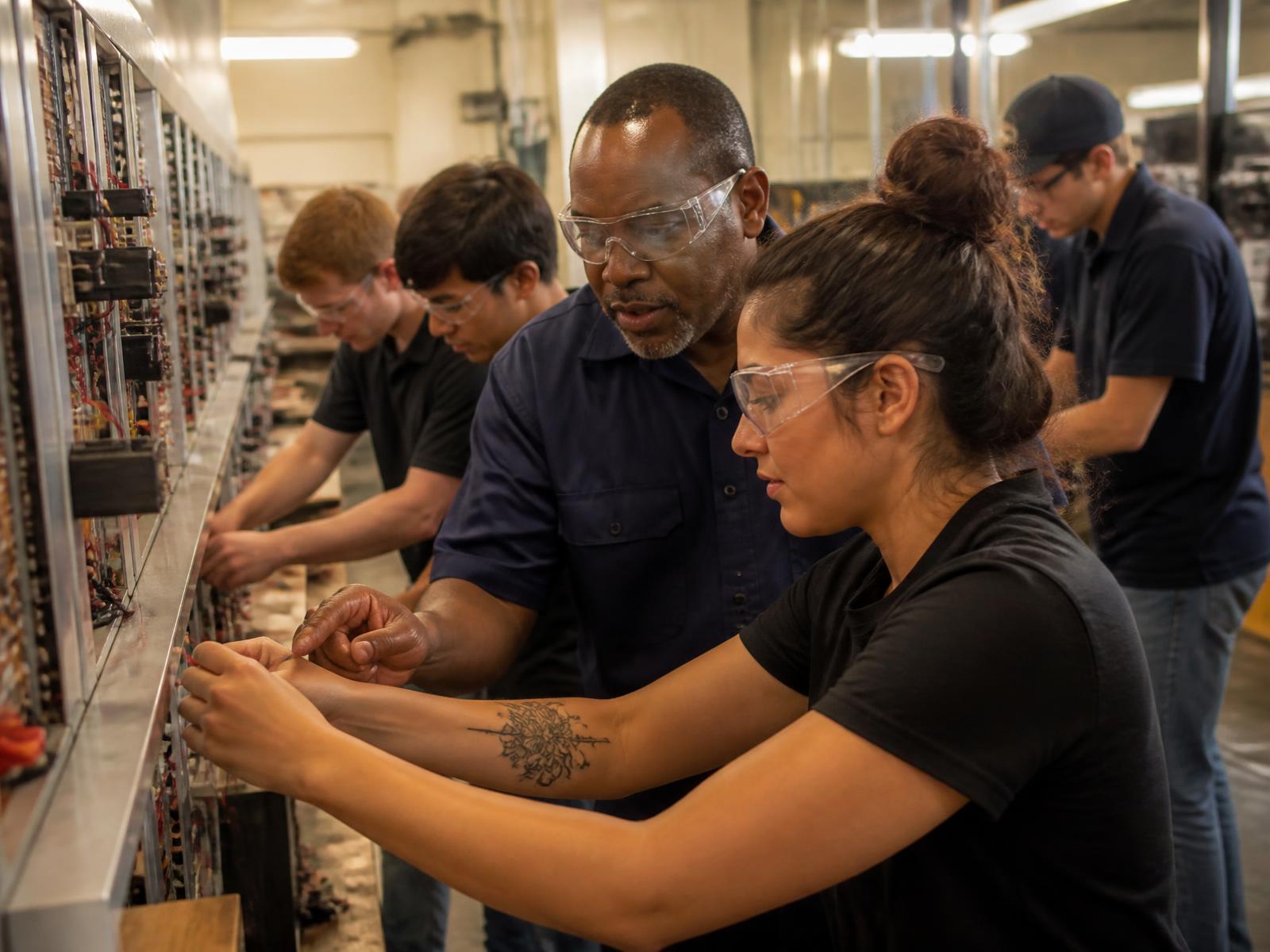 Apprentices in safety glasses practicing electrical and controls work with an instructor